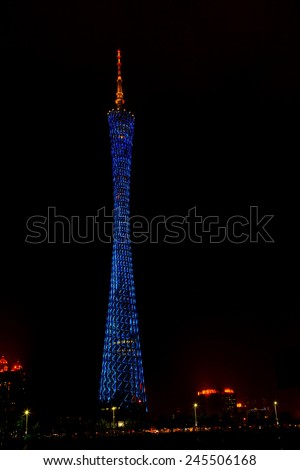 GUANGZHOU - JAN 4: Guangzhou TV Tower  , JAN 4, 2015, Guangzhou, China. Colorful Night scene of Guangzhou TV Tower that tallest tower in China