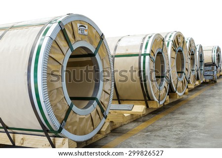 Cold rolled steel coils in package before on white with clipping path