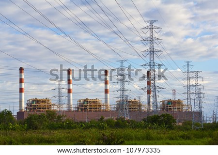 Gas turbine electrical power plant with high voltage transmission lines and pylons, Thailand