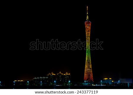 Night scene of TV tower (Canton tower) at Zhujiang river (Pearl river) waterfront in Guangzhou, China