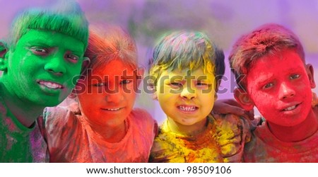 Holi celebrations - Group of kids playing Holi in India.