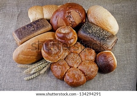 Assortment of baked goods close-up, lying on sacking