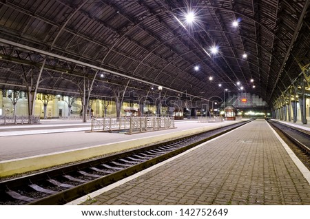 Passenger platform at the night on the railway station in Lvov, Ukraine