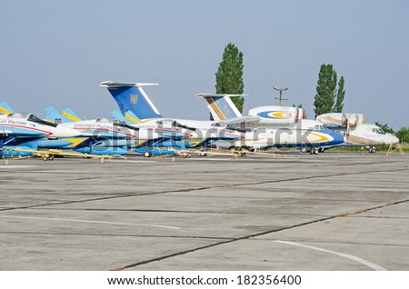 FEODOSIA, CRIMEA, RUSSIA - AUGUST 11:  Military aircraft MiG-29 aerobatic team \