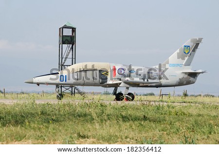 FEODOSIA, CRIMEA, RUSSIA - AUGUST 11:  Military aircraft Aero L-39 Albatros parked military airport on August 11, 2013 in Feodosia, Crimea, Russia