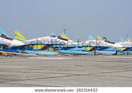 FEODOSIA, CRIMEA, RUSSIA - AUGUST 11:  Military aircraft MiG-29 aerobatic team \