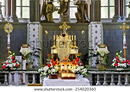 LVOV, UKRAINE - MAY 06: Priest conducts Easter service in the Church of Sts. Olha and Elizabeth on May 06, 2013 in Lvov, Ukraine