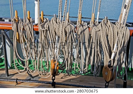 Marine rope to tighten the sails on the deck of a sailboat