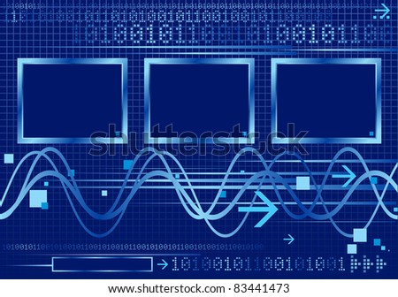 Techno background - three screens, sinusoid and numbers in vector