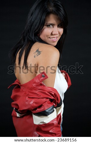 jacket. leather. model. red. tattoo
