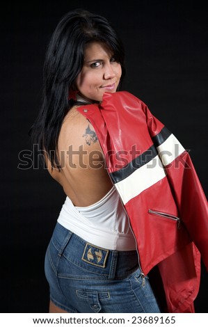 tattoo jacket. jacket. leather. model. red. tattoo