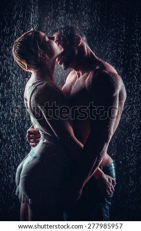 loving couple in the rain