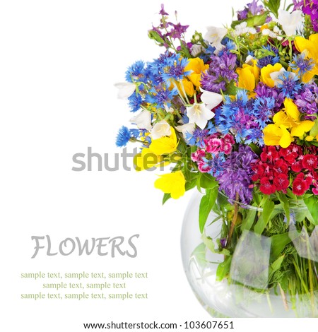 Beautiful Wild flowers bouquet in vase isolated on white. Cornflower, camomile, carnation, hand bell