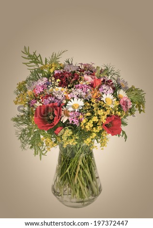 Beautiful Bright Wild flowers bouquet in vase. Cornflower, camomile, carnation, hand bell, poppy