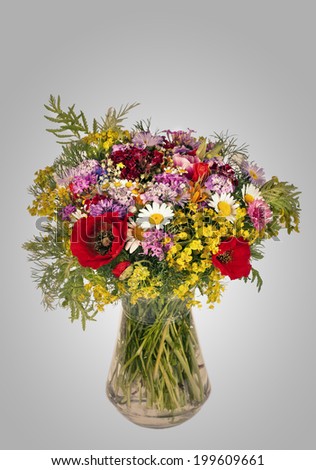 Beautiful Bright Wild flowers bouquet in vase. Cornflower, camomile, carnation, hand bell, poppy