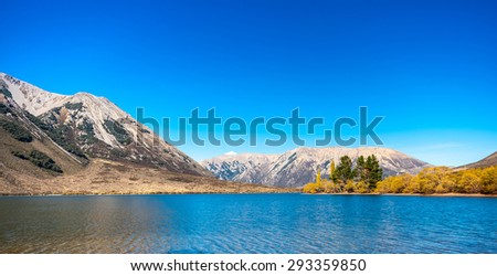 Panorama Landscape of mountain range at Lake Pearson Arthur's pass National Park New Zealand