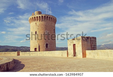 Bellver Castle in Palma de Mallorca. Palma de Mallorca, Spain - october 30, 2013 : The main tower of Bellver Castle, a medieval castle in Palma de Mallorca, Spain.