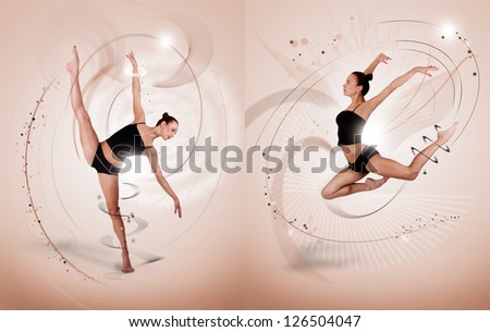 Two pictures of ballet dancer on background with lots of lines and dots.