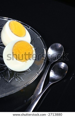 Fresh eggs on the transparency dish with a couple of spoon