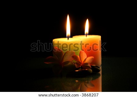 Burning candle with frangipane flowers in the night