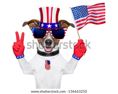 American Dog With Peace Fingers Waving American Flag