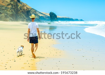 dog and owner walking at the beach on a paradise beach