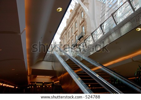 Looking up an escalator to the street level