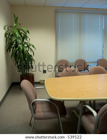 Vertical shot, End seat on a conference table, with chairs surrounding, and a plant in the corner