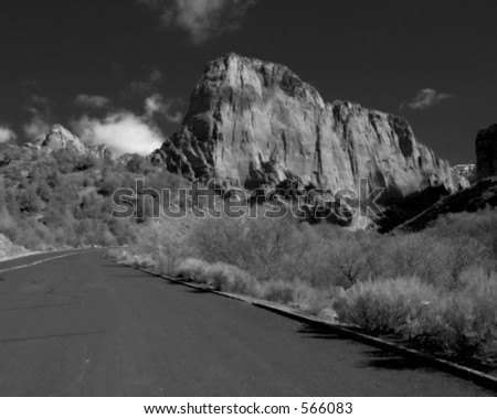 A Black/White view of a canyon road in Zion National Park, in southern Utah