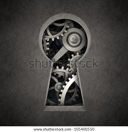 Cog wheels seen through a keyhole