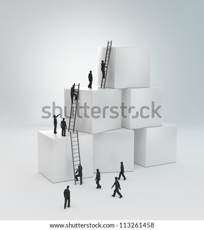 Tiny people climbing ladders to get to the top Teamwork concept Tiny people climbing ladders to get to the top Teamwork concept