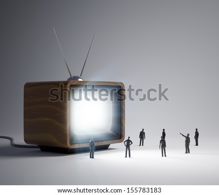 Group Of Tiny People Watching A Tv Program In Vintage Television Set