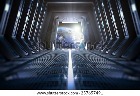 Futuristic interior of a space station with a view of Earth