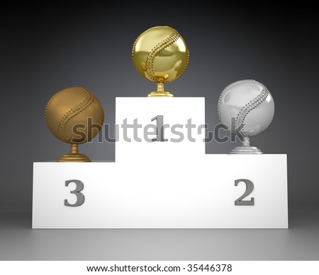 Baseball shaped trophies on a podium