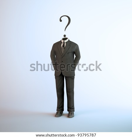 A headless figure in a suit with a question mark