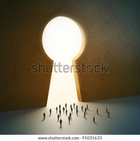 Group of tiny people walking into a gate shaped like a keyhole Group of tiny people walking into a gate shaped like a keyhole