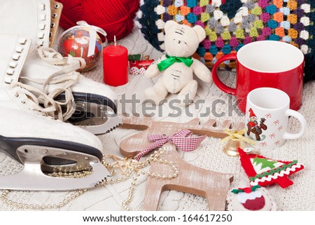 christmas decoration/vintage skates, wooden deer,ornaments, wrap