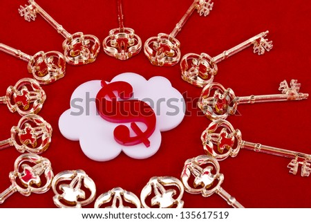 Red dollar sign shape made of plexiglas lie inside of a white cloud shape with a golden skeleton keys around on a red background/Cash keys