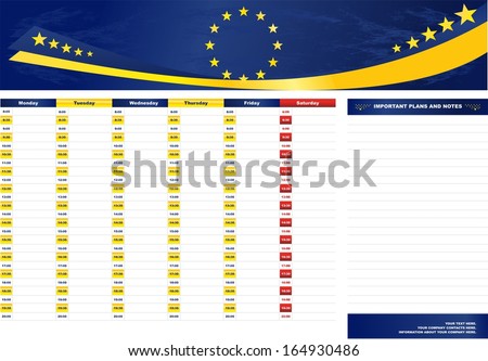 Raster version of a day planner template with a flag of the European Union and  timetable