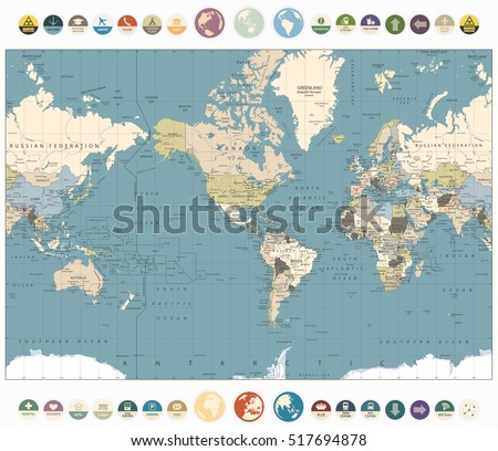 World Map old colors illustration with round flat icons and globes.America Centered World Map. All elements are separated in editable layers clearly labeled.