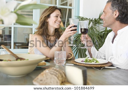 Mature couple toasting with red wine while having lunch at their vacation home.