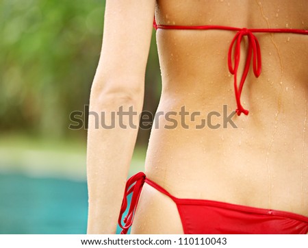 Close up view of a woman\'s rear wearing a red bikini, with drops of water running down her wet skin.