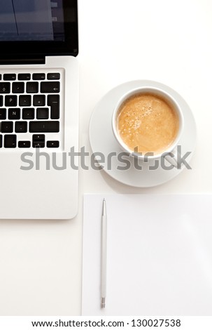 Close up over head view of a white work desk interior with a laptop computer, a cup of coffee, blank paper and a pen.