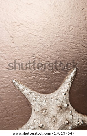Over head still life view of a decorative bathroom star fish shape silver piece on a textured brown tile. Nature simulating home interior design.