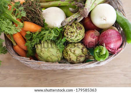 Over head view of a groceries basket with various healthy and organic vegetables like artickockes, carrots, asparagus, onions and herbs in a home kitchen. Vegetarian food ingredients, interior.