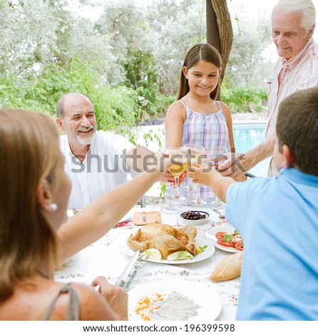 Joyful family group toasting with their glasses while enjoying a family healthy lunch in a holiday villa home green garden outdoors. Summer vacations and family celebration, recreational lifestyle.