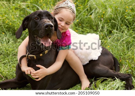 Close up view of a beautiful young girl riding her grate dane pedigree pet dog while dressing up as a princess during a summer day in a green field, outdoors. Animal friendship fun and love lifestyle.