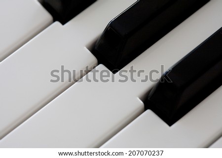 Over head close-up detail view of a piano keyboard black and white keys, interior. (Object, Music, Entertainment).