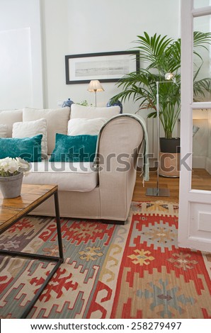Interior design detail of a home living room with a white sofa with cushions and plants, interior view. House indoors with carpets and character design. Tranquil and aspirational home space.