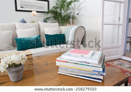 Interior design lifestyle detail of a home living room with white sofa and green cushions and plants, interior view. House indoors with carpets and picture frame. Aspirational lifestyle home space.